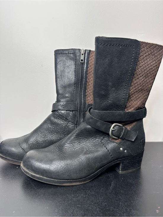 UGG Shoes - UGG Women's Black and Brown Mid-Calf Leather Boot with Buckle Strap size 8